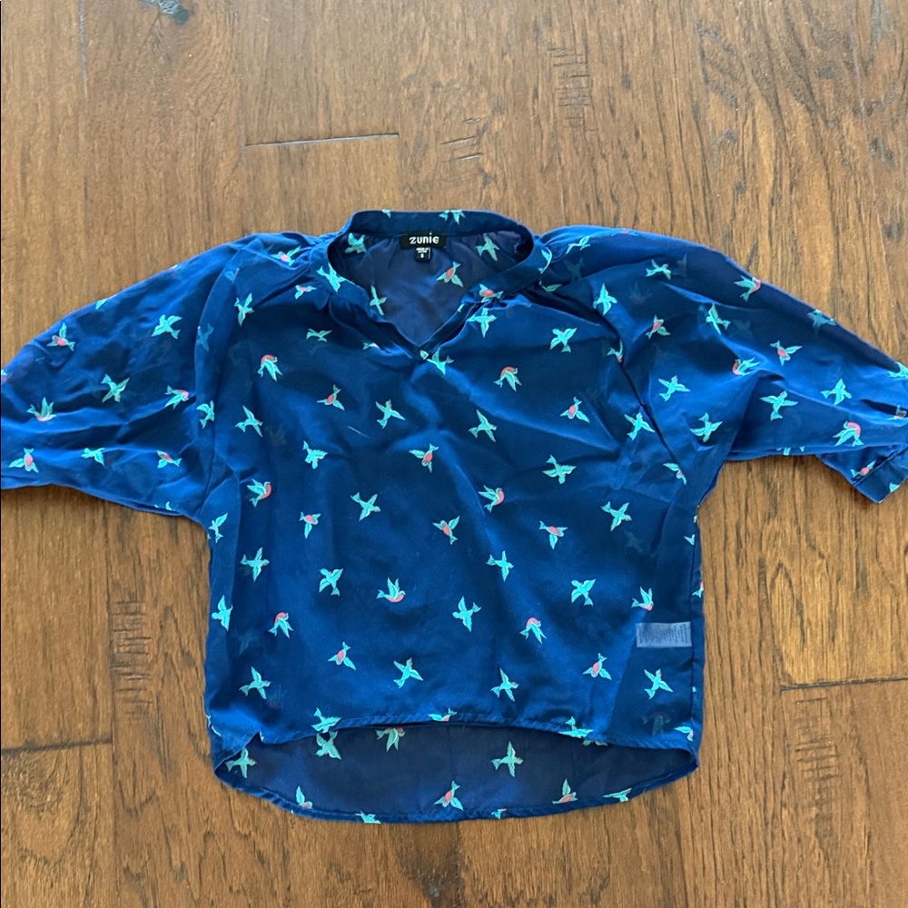 Zunie Navy Blouse with Turquoise & Pink Bird Motif